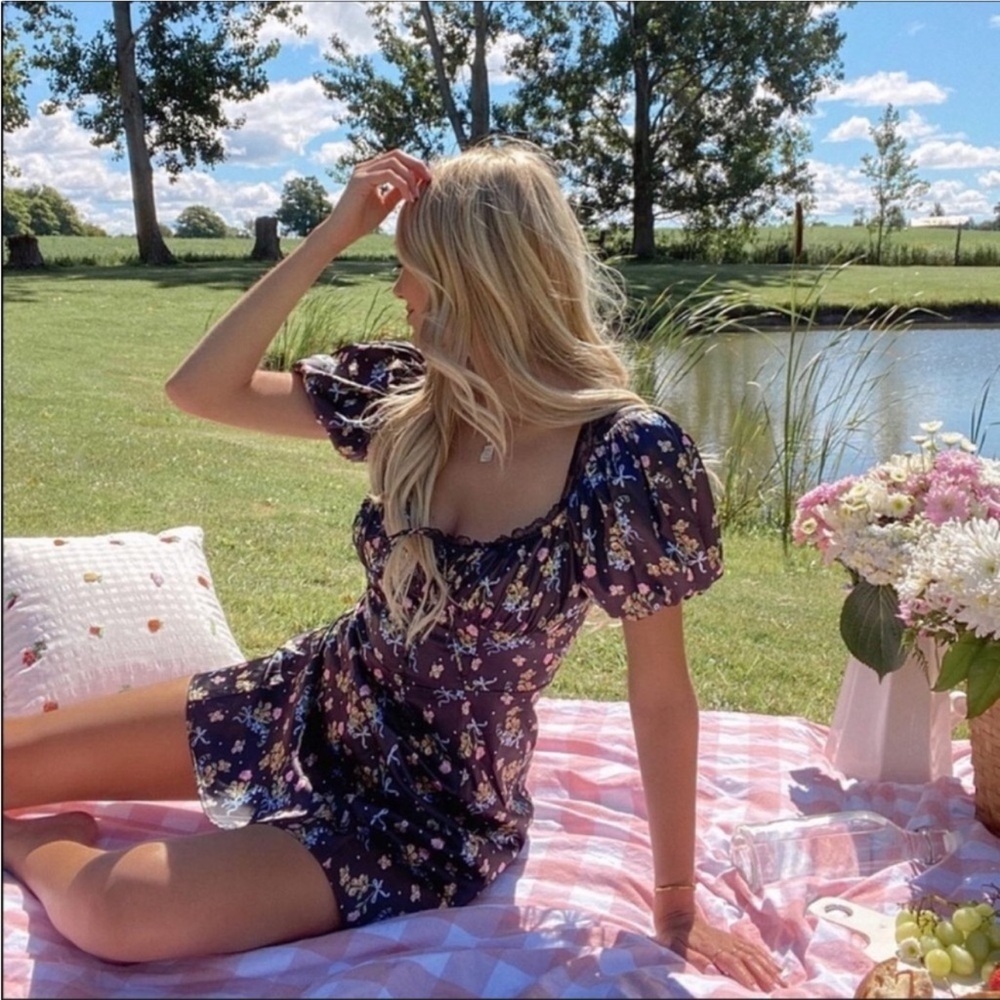 For Love and Lemons August Black Floral Bow Tie Puff Sleeve Lace Mini Dress
